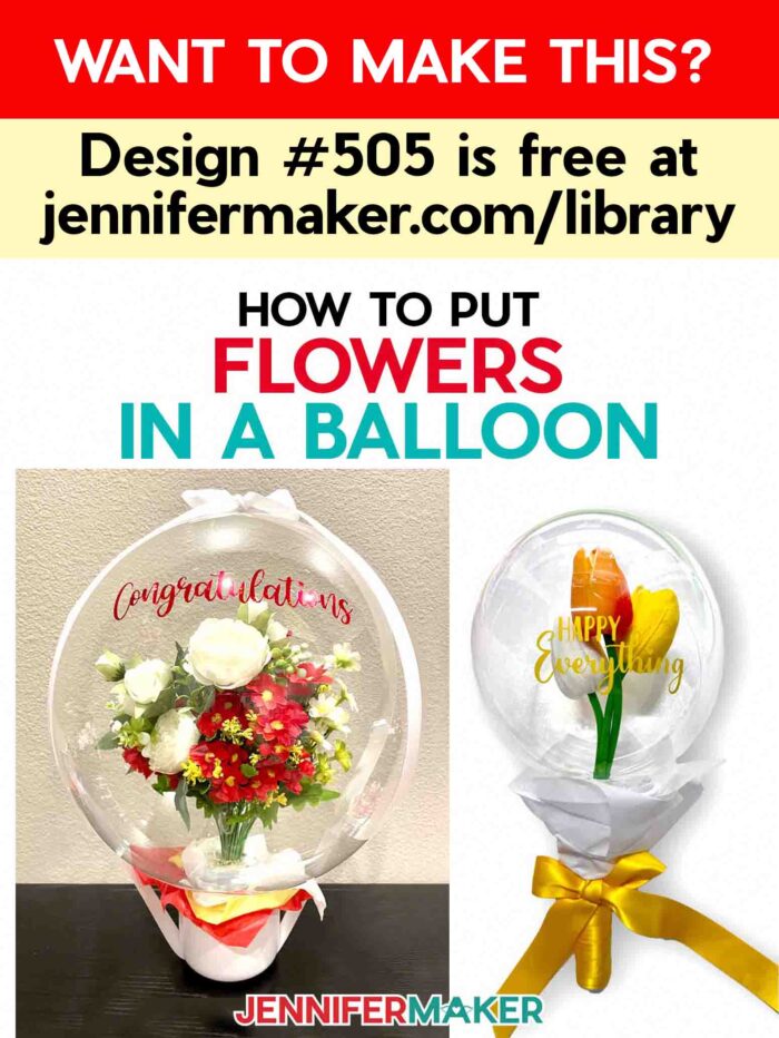 Learn how to put flowers in a balloon with Jennifer Maker's new tutorial! Desgn #505 is free at jennifermaker.com/library. Two balloons with flowers inside -- one a large tabletop version, and the other a small handheld version.