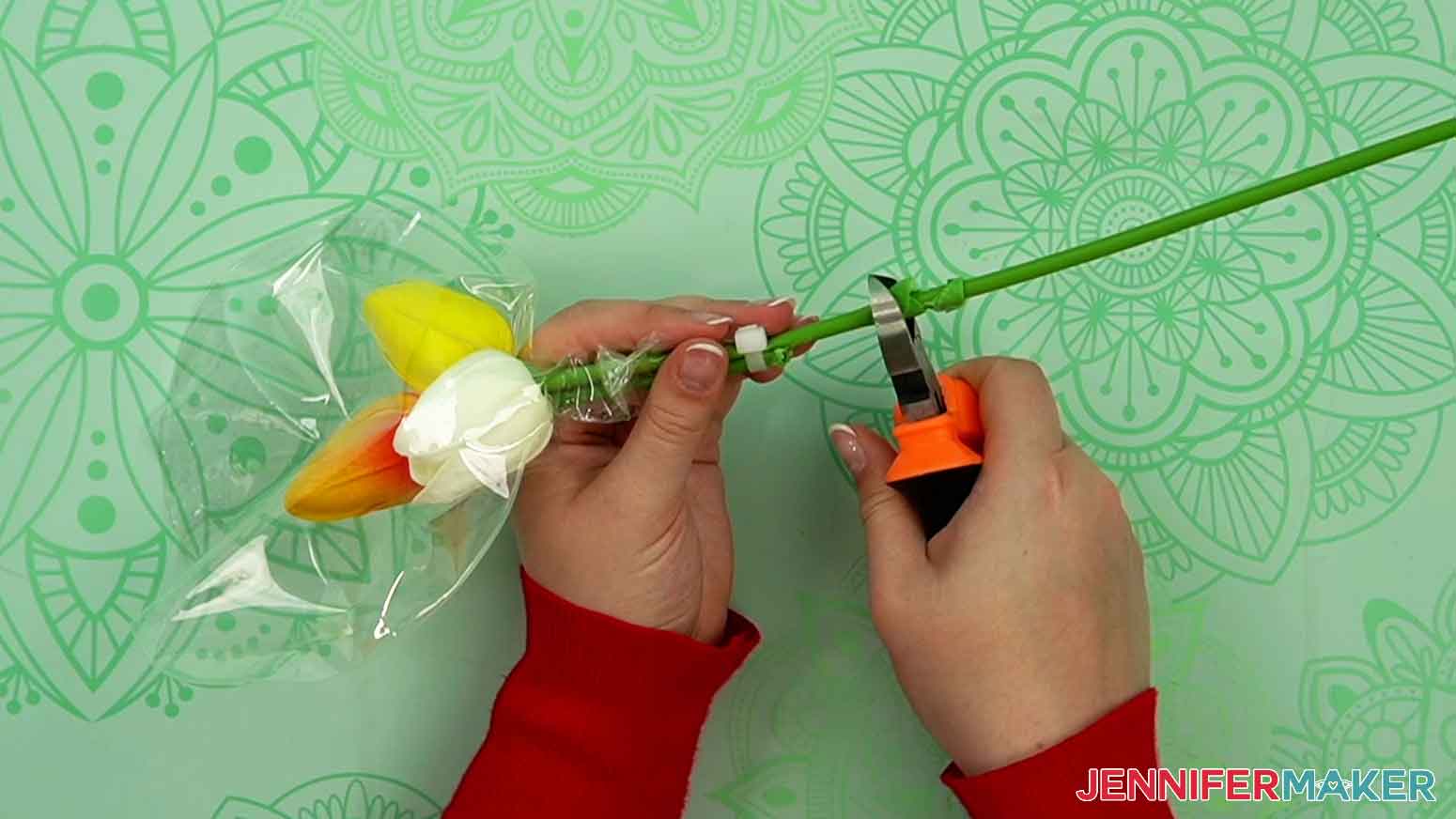 Trim the tulip stems with heavy duty wire cutters leaving one stem longer.