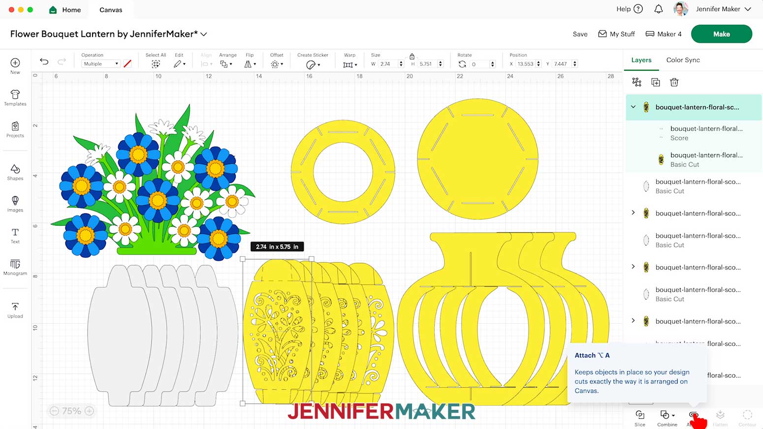 Click “Attach” in Design Space to keep the panel's crease lines with its cut shape.