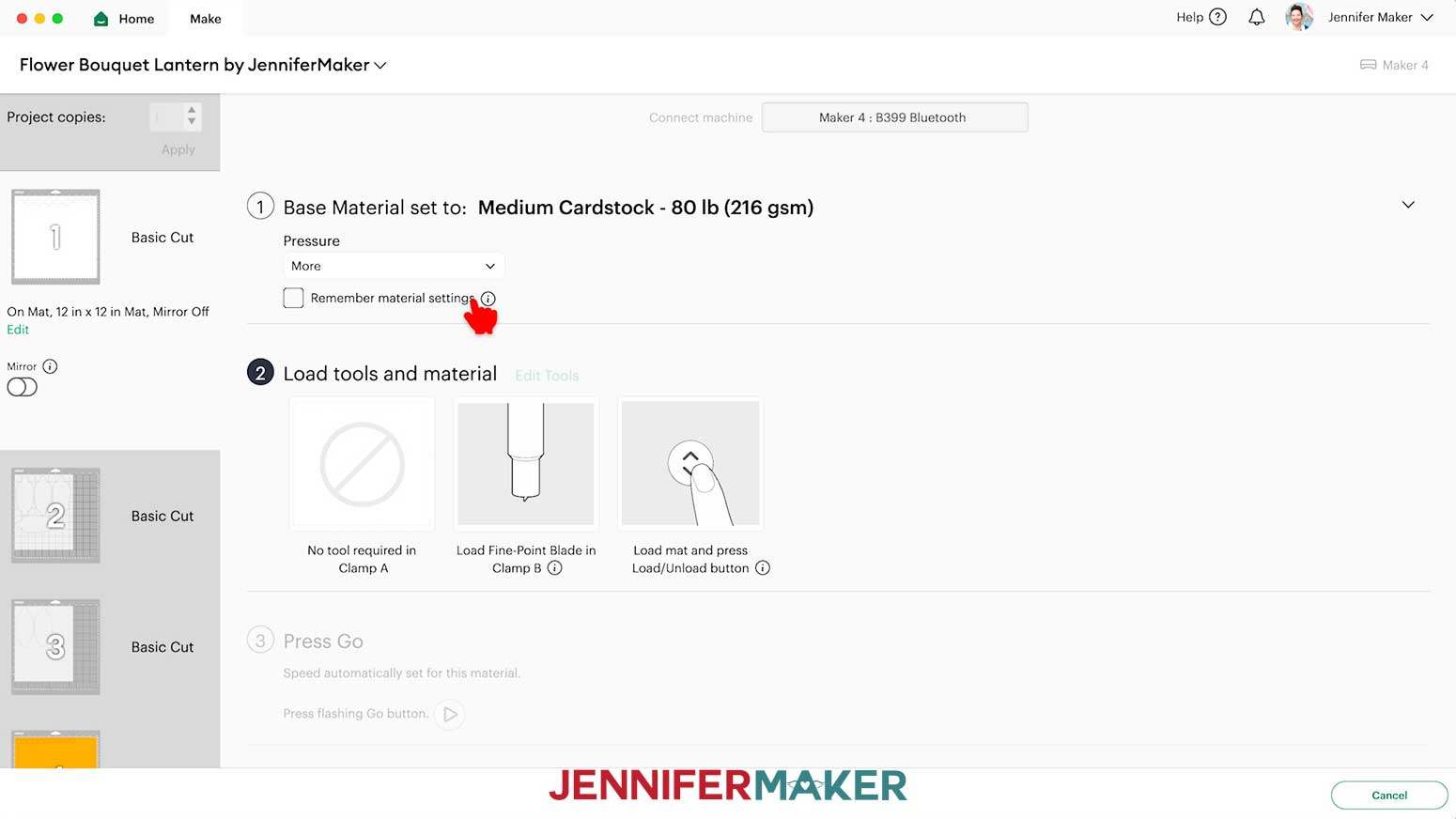 The "Medium Cardstock - 80 lb (216 gsm)" material setting in Design Space with More pressure selected.
