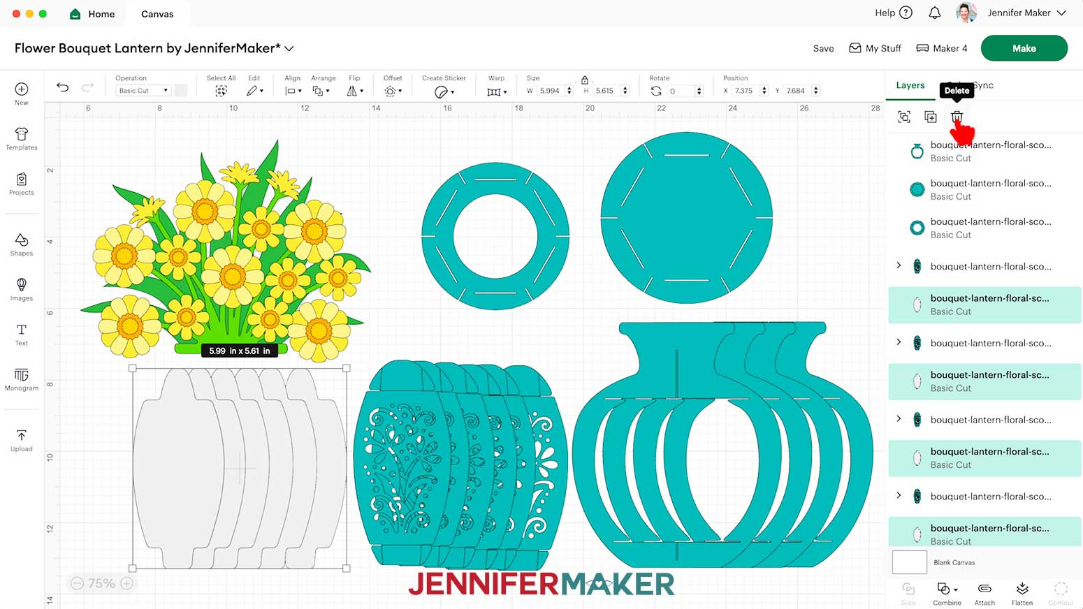 Click the trash can icon in Design Space to delete the six gray diffuser pieces.