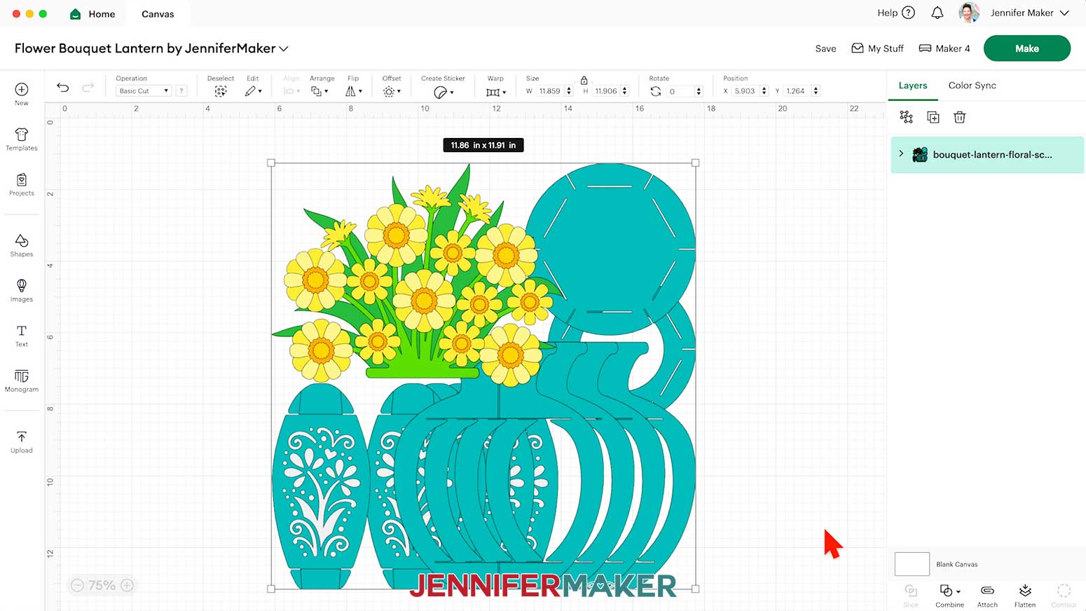 The flower bouquet lantern floral design on the Design Space Canvas.