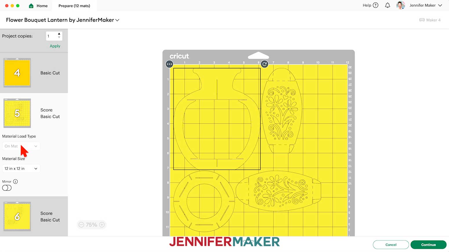 The Prepare screen in Cricut Design Space, showing a yellow mat for the flower bouquet lantern.