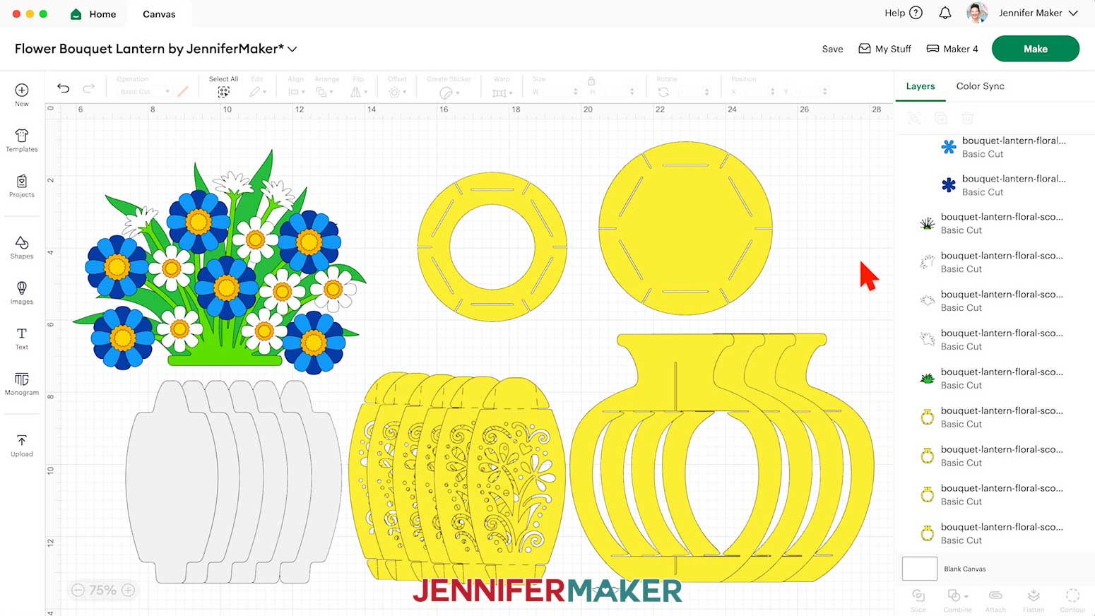 The flower bouquet lantern design ready to cut on the Design Space Canvas.