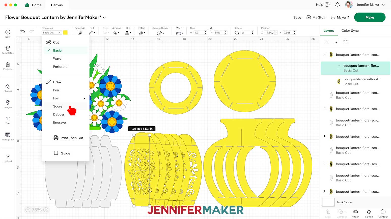 Change the Operation for the panel's crease line layer to "Score" in Cricut Design Space.