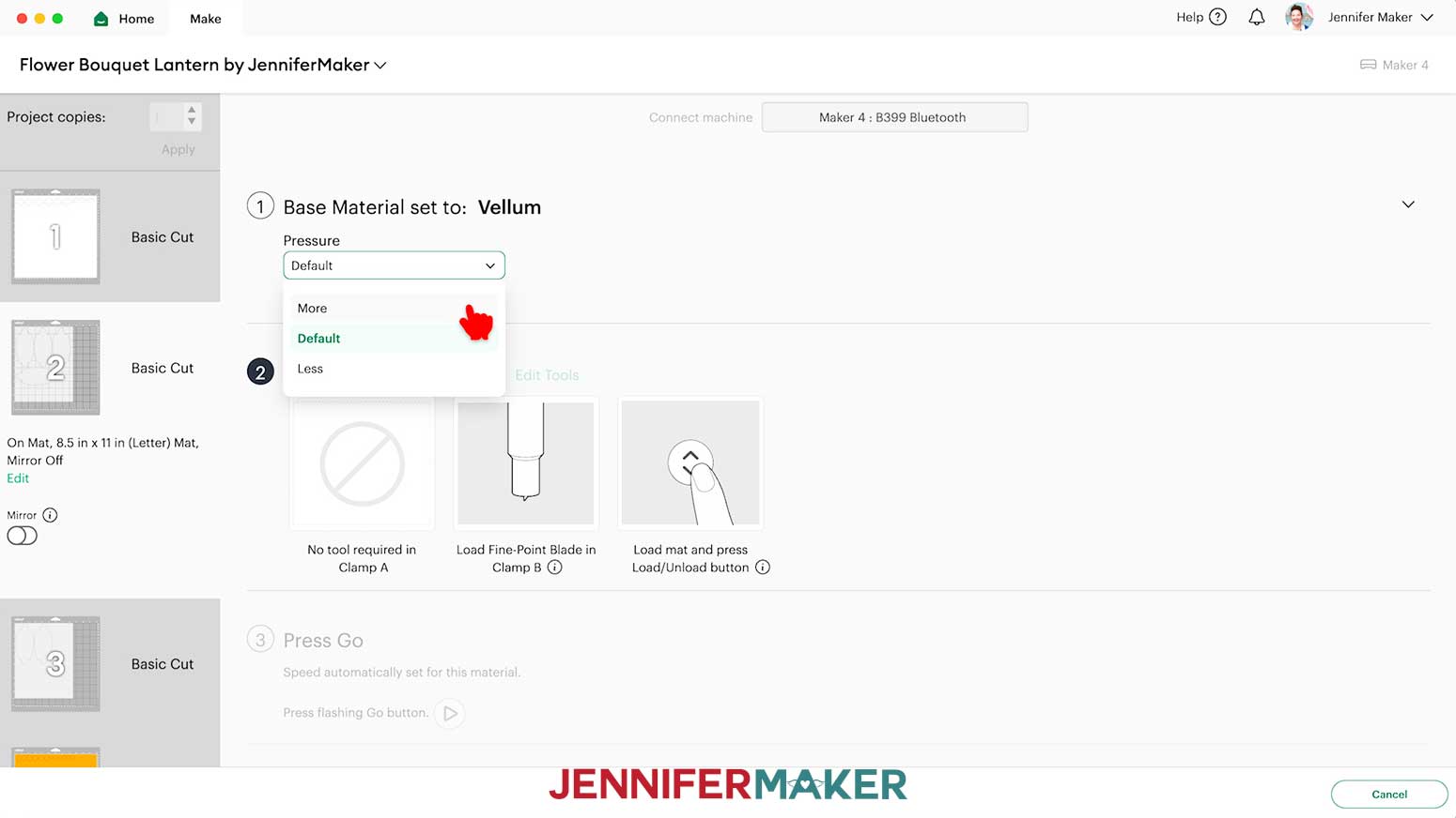The Vellum material setting in Design Space with More pressure being selected.