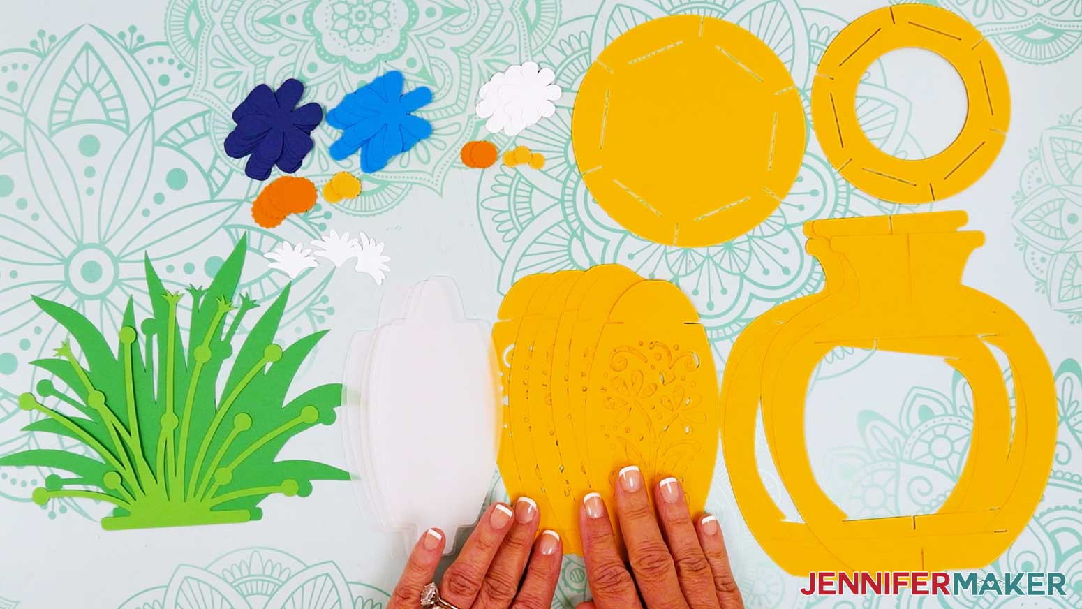 All cut pieces for the flower bouquet lantern spread out on the work surface.