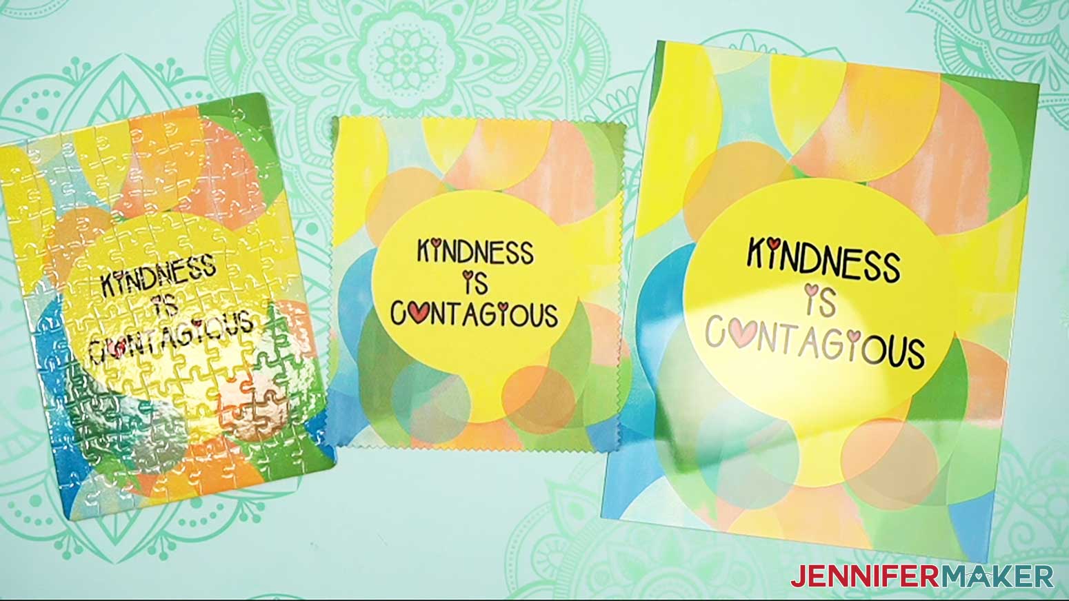 Sublimation puzzle, lens cloth and aluminum blanks with sublimation design that says kindness is contagious.