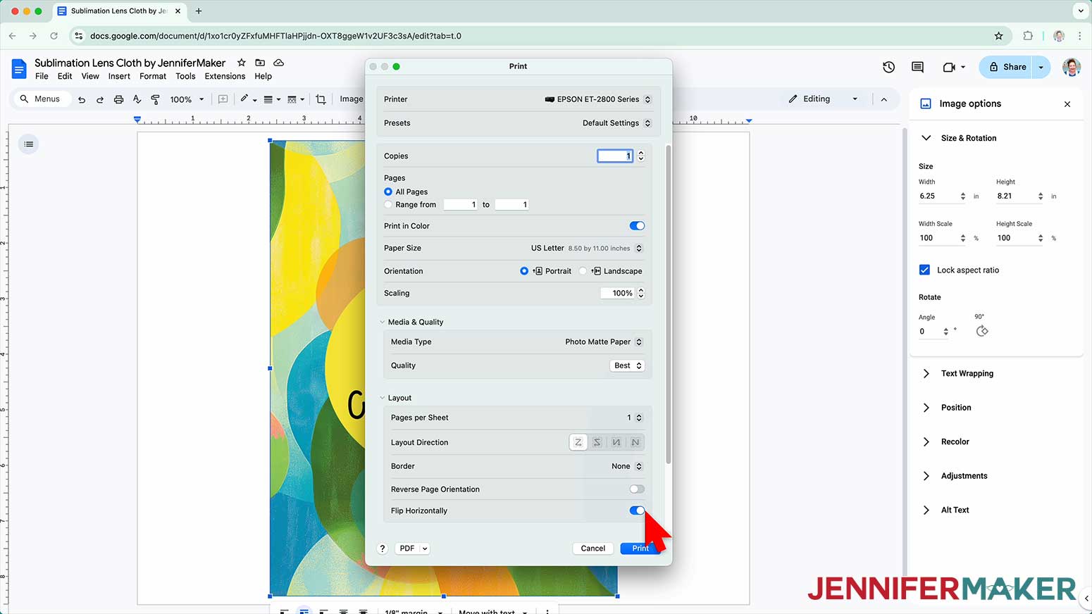 Make sure a sublimation printer is selected, that you “flip horizontally,” and select the highest quality matte paper setting.