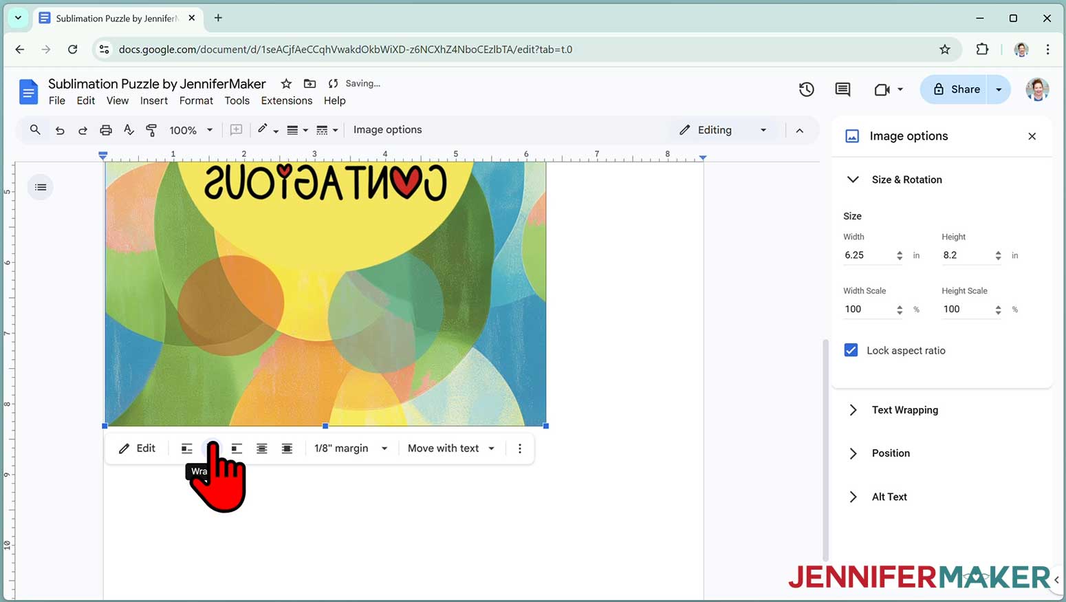 On a windows computer, Click the image and select the “Wrap text” icon from the menu below it.