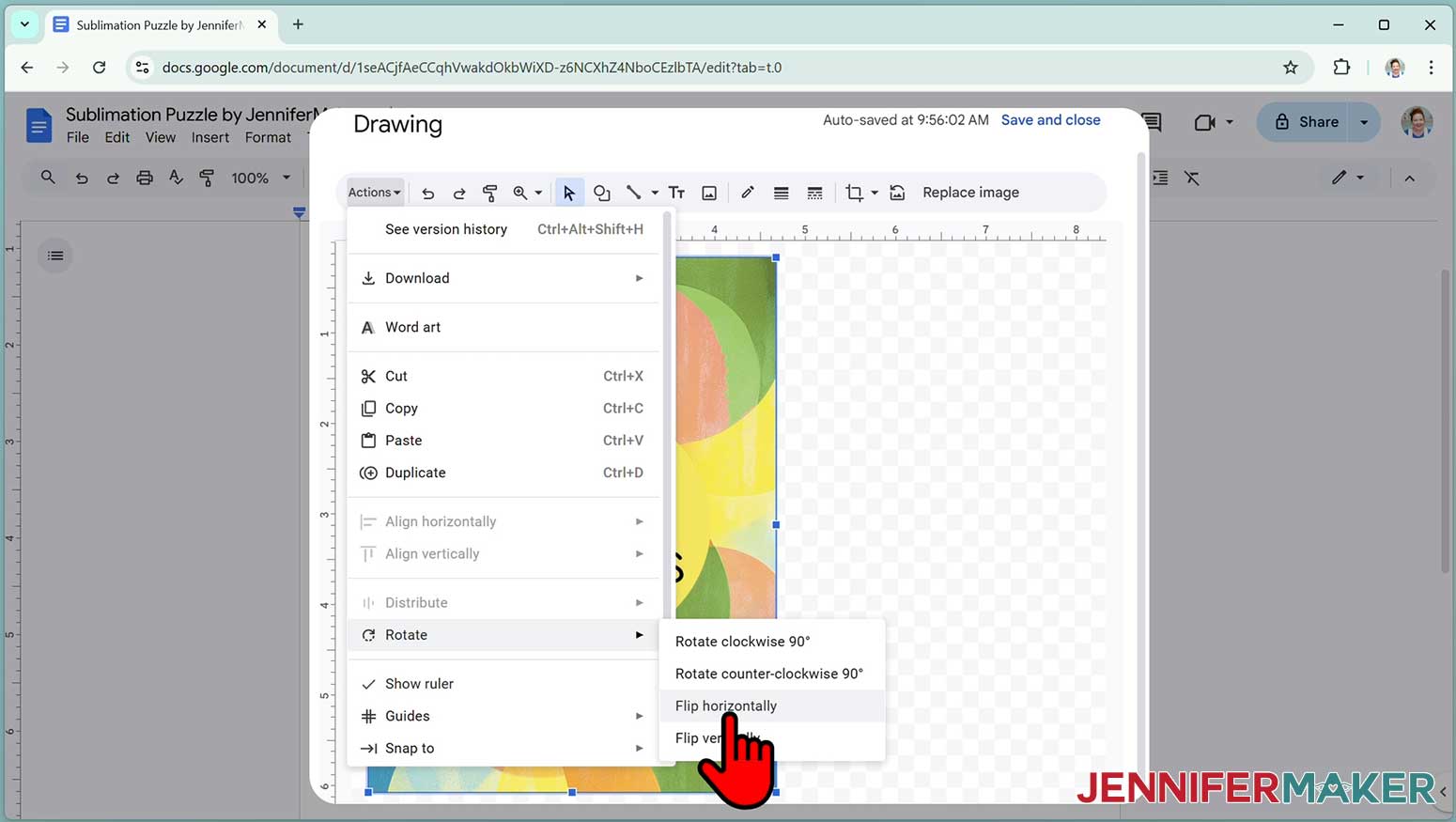For a windows computer, click “Actions” to pick “Rotate” and “Flip Horizontally” in the menu.