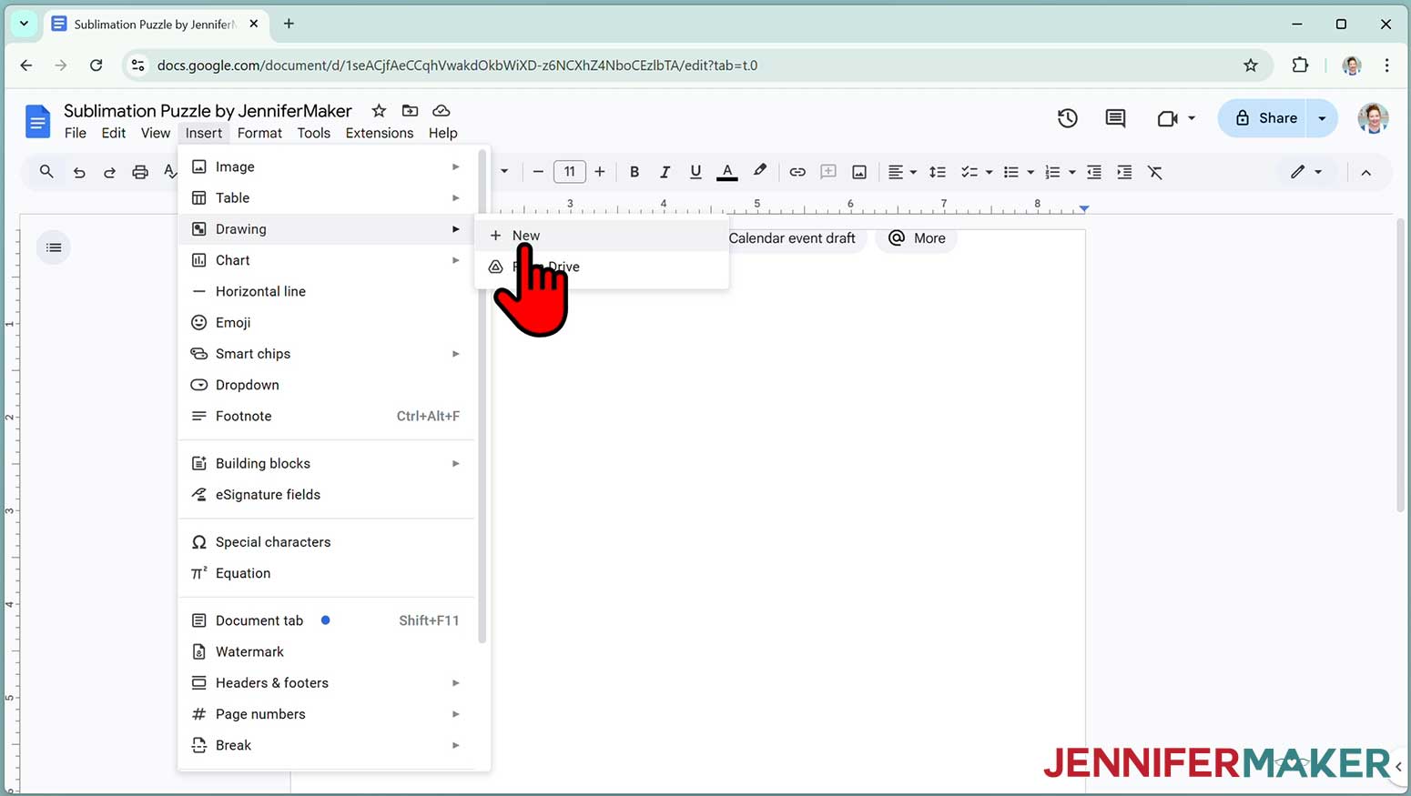On a Windows computer, go to the Insert menu, select “Drawing,” and then “New.”