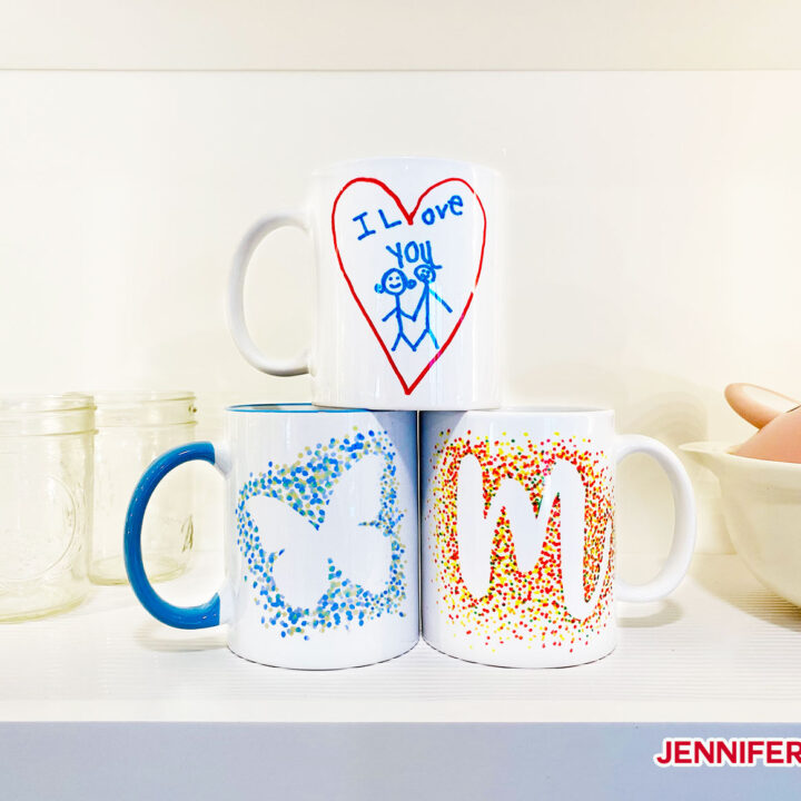 Freehand Infusible Ink marker mugs with dotted butterflies and monograms, plus kids art