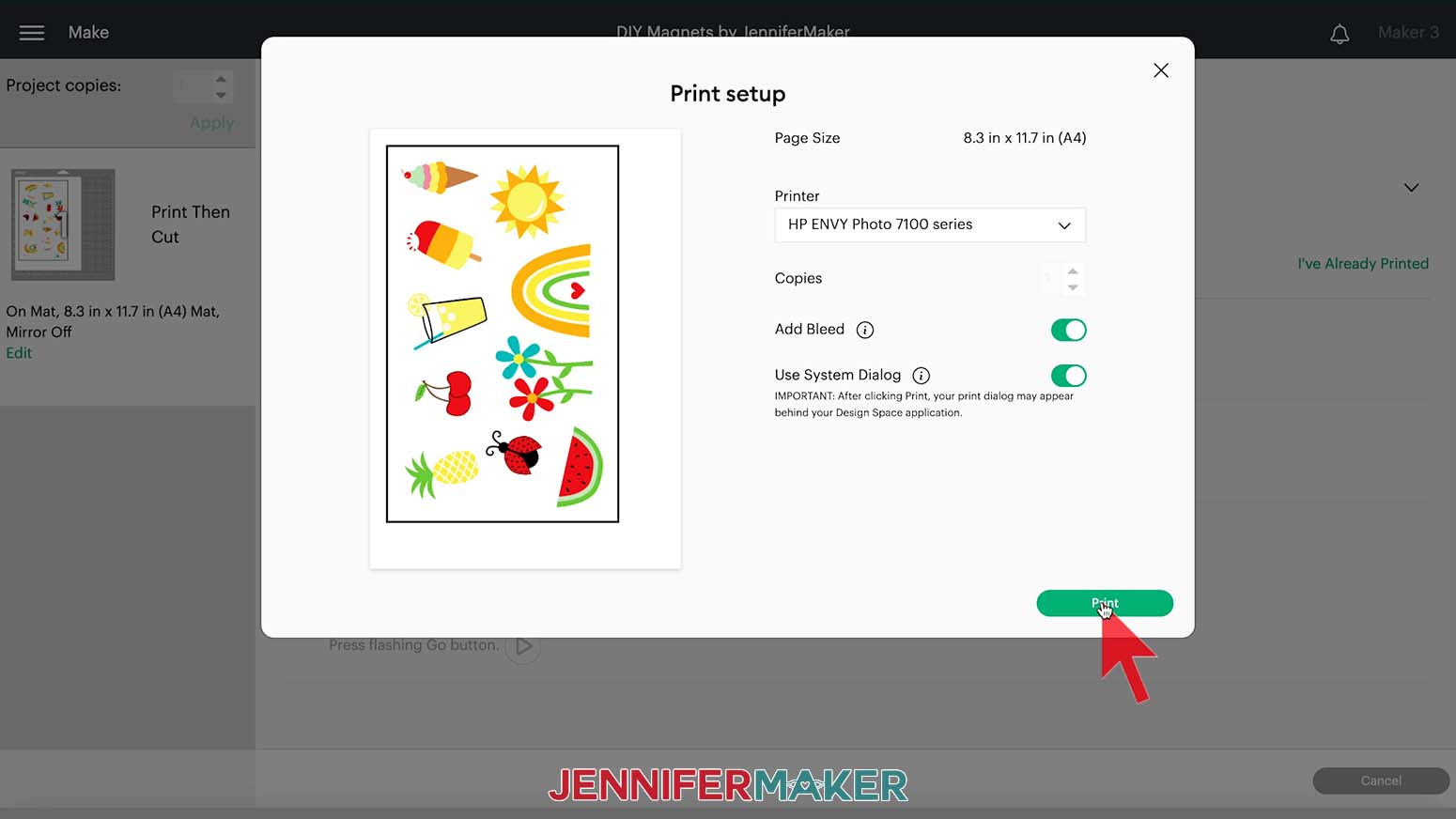 Cricut Design Space Print Setup screen with add bleed and use system dialog toggled on.