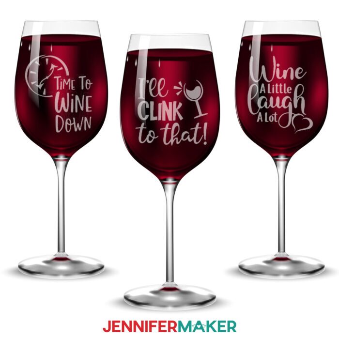 "Etch" glass without etching cream! Learn how with Jennifer Maker's new tutorial. Three wine glasses filled with red wine, showing cute wine-related faux etched vinyl decals. 
