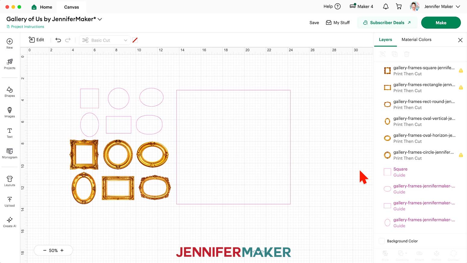 All of the PNG frames are uploaded to the Design Space Canvas.