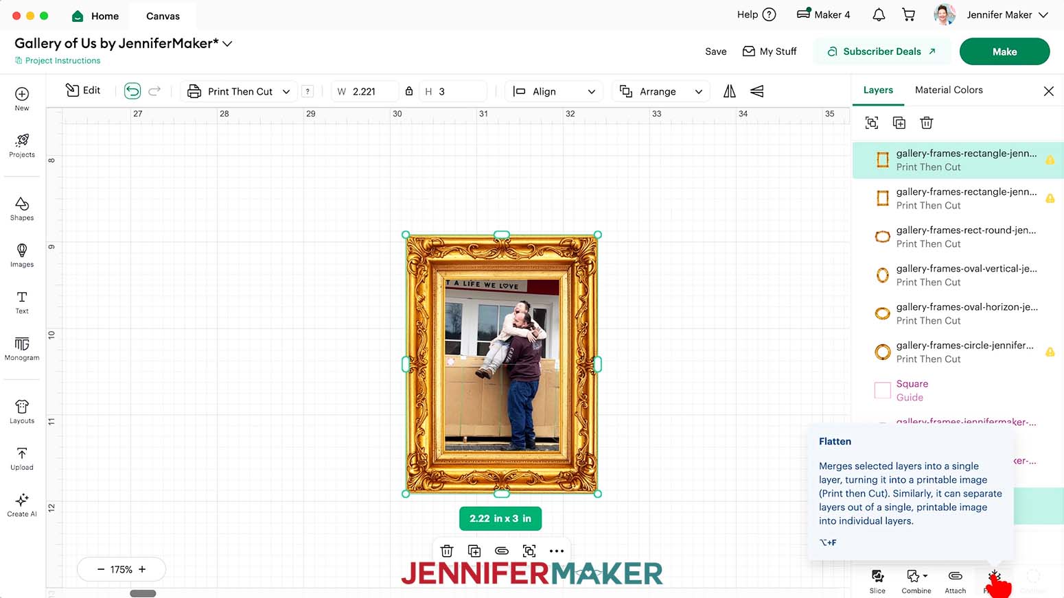Select both the photo and the frame and click on the Flatten icon at the bottom of the Layers panel.