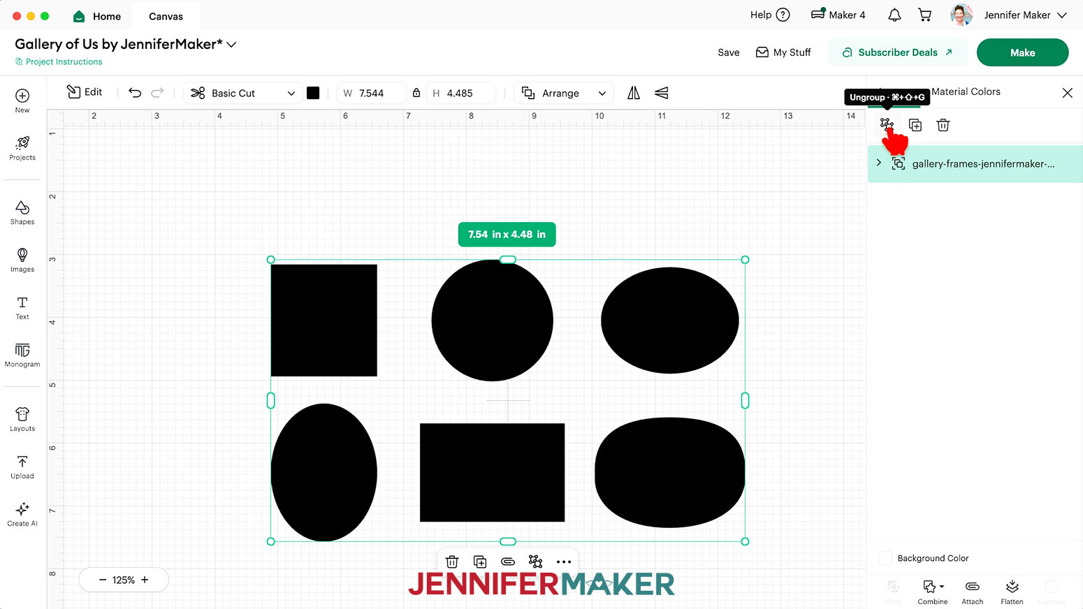 With the shapes selected, click on the Ungroup icon above the Layers panel.