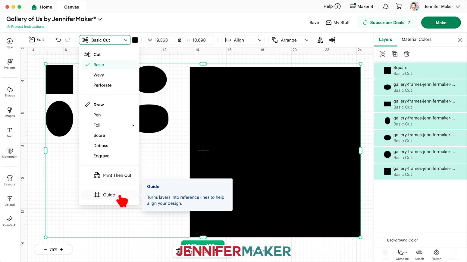 With the square selected, click the dropdown next to Basic Cut and select the Guide operation.