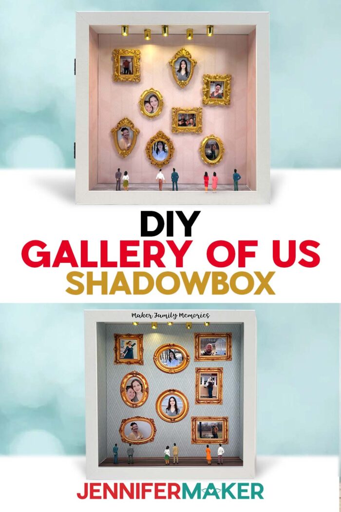 DIY Gallery of Us Shadow Box designs by JenniferMaker. Gallery with mini framed photos hanging on the wall of the box above a gallery with Print Then Cut framed photos on the gallery wall.