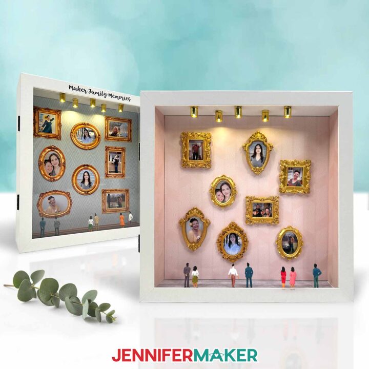 Stylized image of the Gallery of Us project with both mini gold frames with photos and Print Then Cut frames.