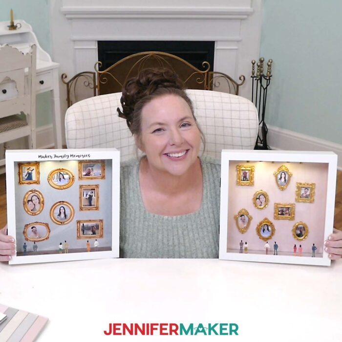 JenniferMaker holding up two gallery of us shadow boxes: one with print then cut frames on the photos, and one with mini gold craft frames on the photos.