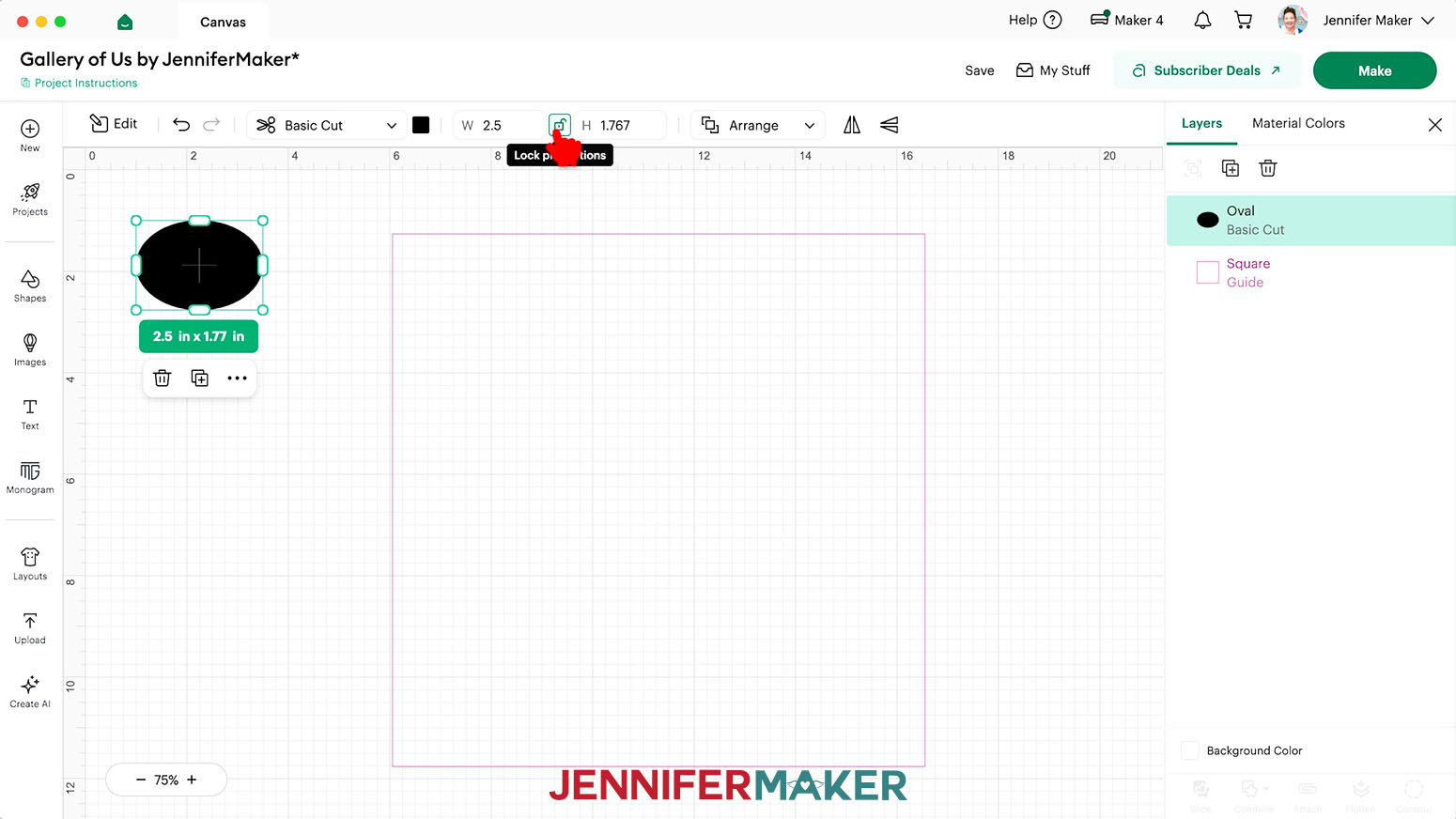 Add an oval from the Shapes menu and click the Unlock icon to change the proportions of the shape.