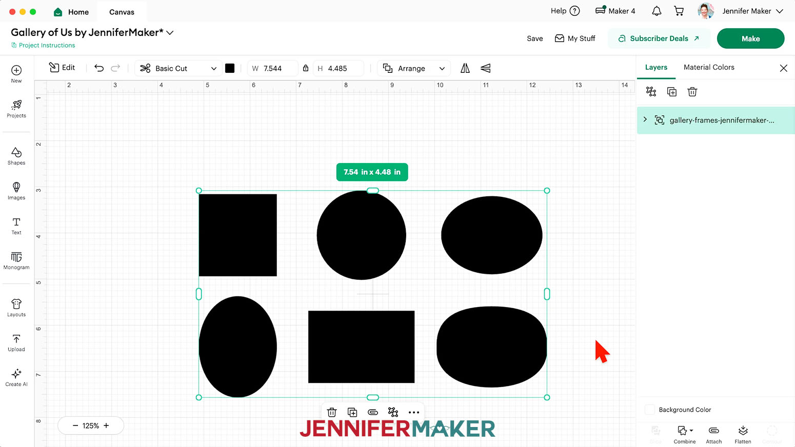 The template of shapes SVG uploaded to the Cricut Design Space canvas measuring 7.54" W x 4.48"H.