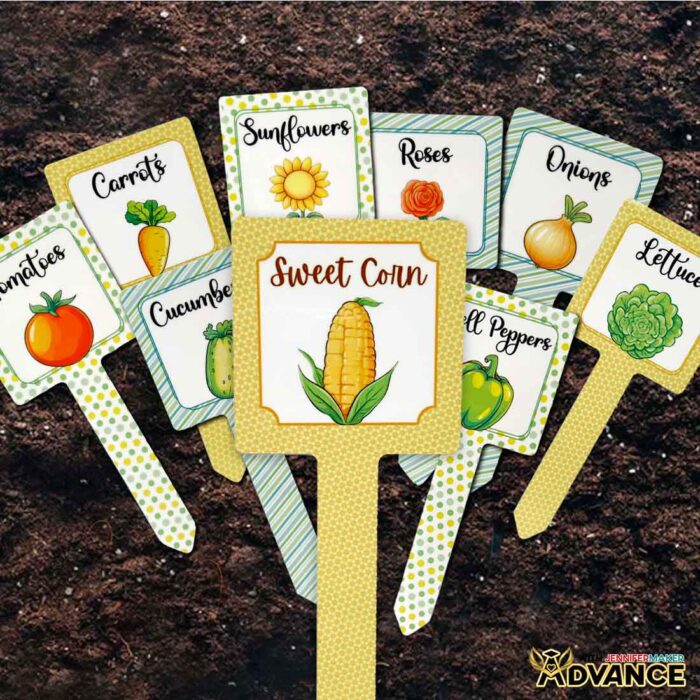 A customized "Sweet Corn" sublimated plant stake, plus the eight original garden stakes from the free design files.