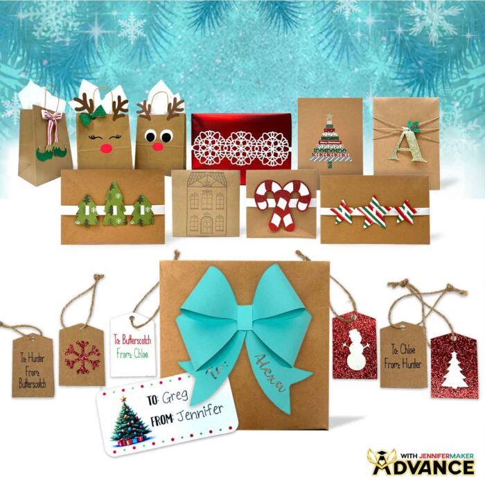 A variety of wrapped gift bags and boxes showing off the fun Cricut Gift Wrapping Ideas.