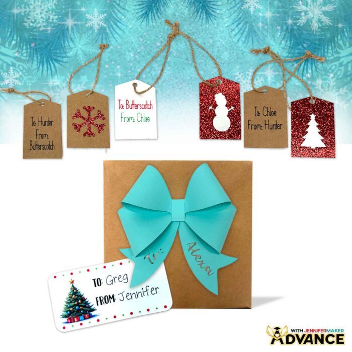 Custom gift tags, labels, and bows with personalized names written on or cut from the material.