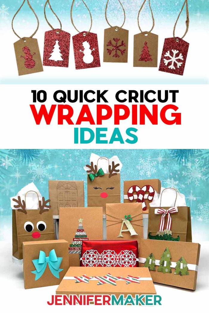 10 Quick Cricut Wrapping Ideas tutorial by JenniferMaker. A variety of gift boxes and bags decorated with holiday-themed cardstock accessories.