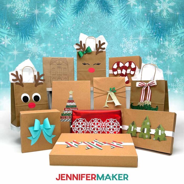 A variety of brown gift bags and boxes decorated with holiday-themed wrapping accessories made from cardstock, such as stars, trees, bows, reindeer, and candy canes.