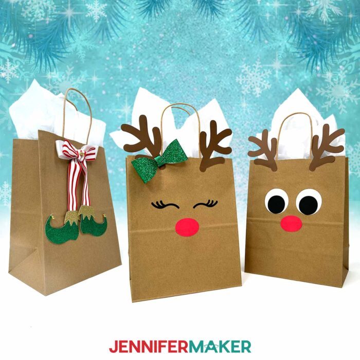 A giftbag with elf legs made from cardstock, and two giftbags with reindeer faces made from cardstock.