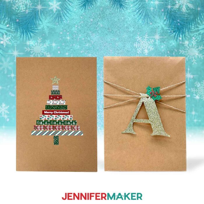 A brown package with a washi tape Christmas tree on the front, and a brown package with a giant letter A made from glitter cardstock hanging from it.