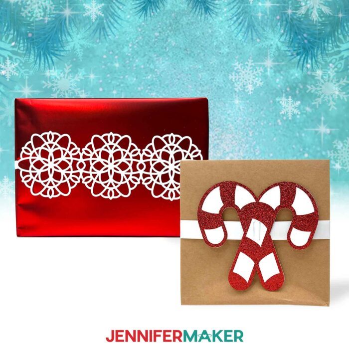 A white cardstock snowflake design on a red gift box, and candy canes on a ribbon slider around a brown package.