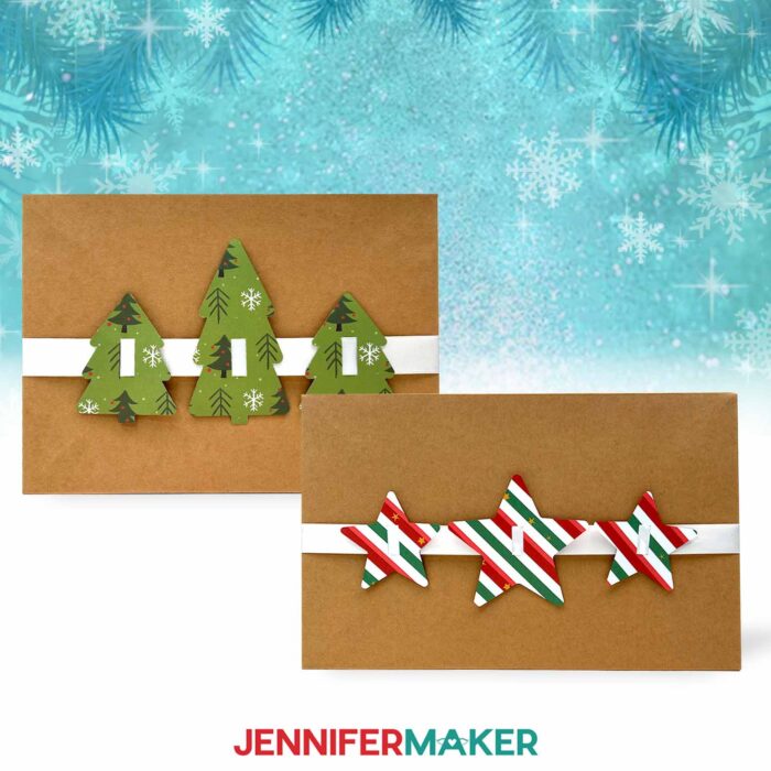 Cardstock Christmas tree and striped star ribbon sliders.
