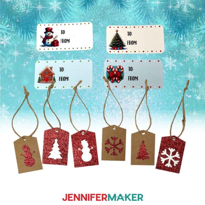 A variety of holiday themed Print Then Cut Gift Labels and Glitter Cut Out Gift Tags.