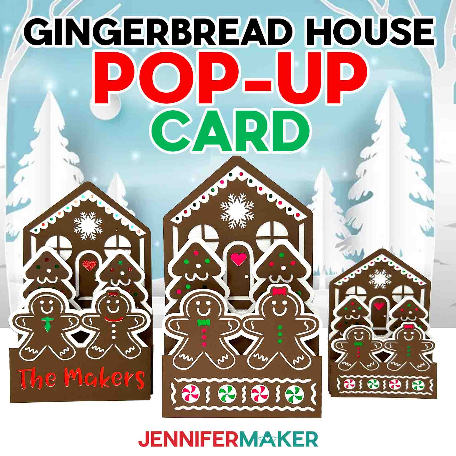 Three brown Gingerbread House Pop-Up Card designs on display, each with slightly different details and little "cookie" people