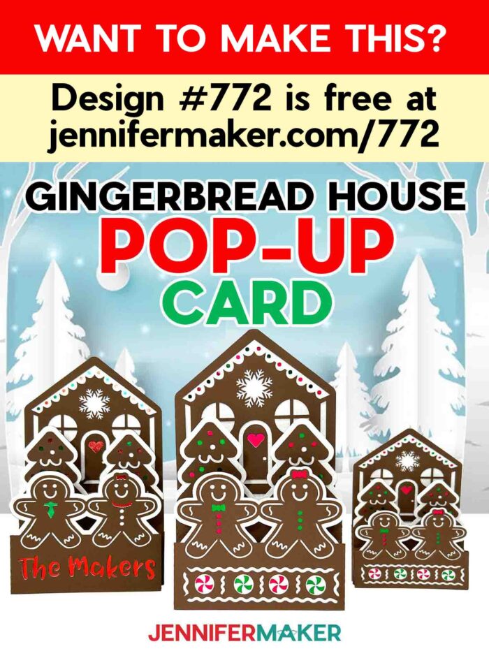 Three brown Gingerbread House Pop-Up Card designs on display, each with slightly different details and little "cookie" people. Want to make this? Project #772 is free at jennifermaker.com/772