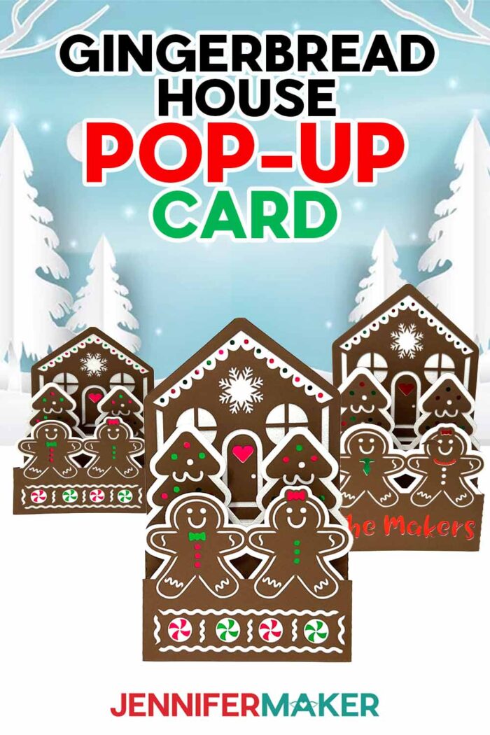 Three brown Gingerbread House Pop-Up Card designs on display, each with slightly different details and little "cookie" people. Learn how to make your own with the free files and free tutorial!