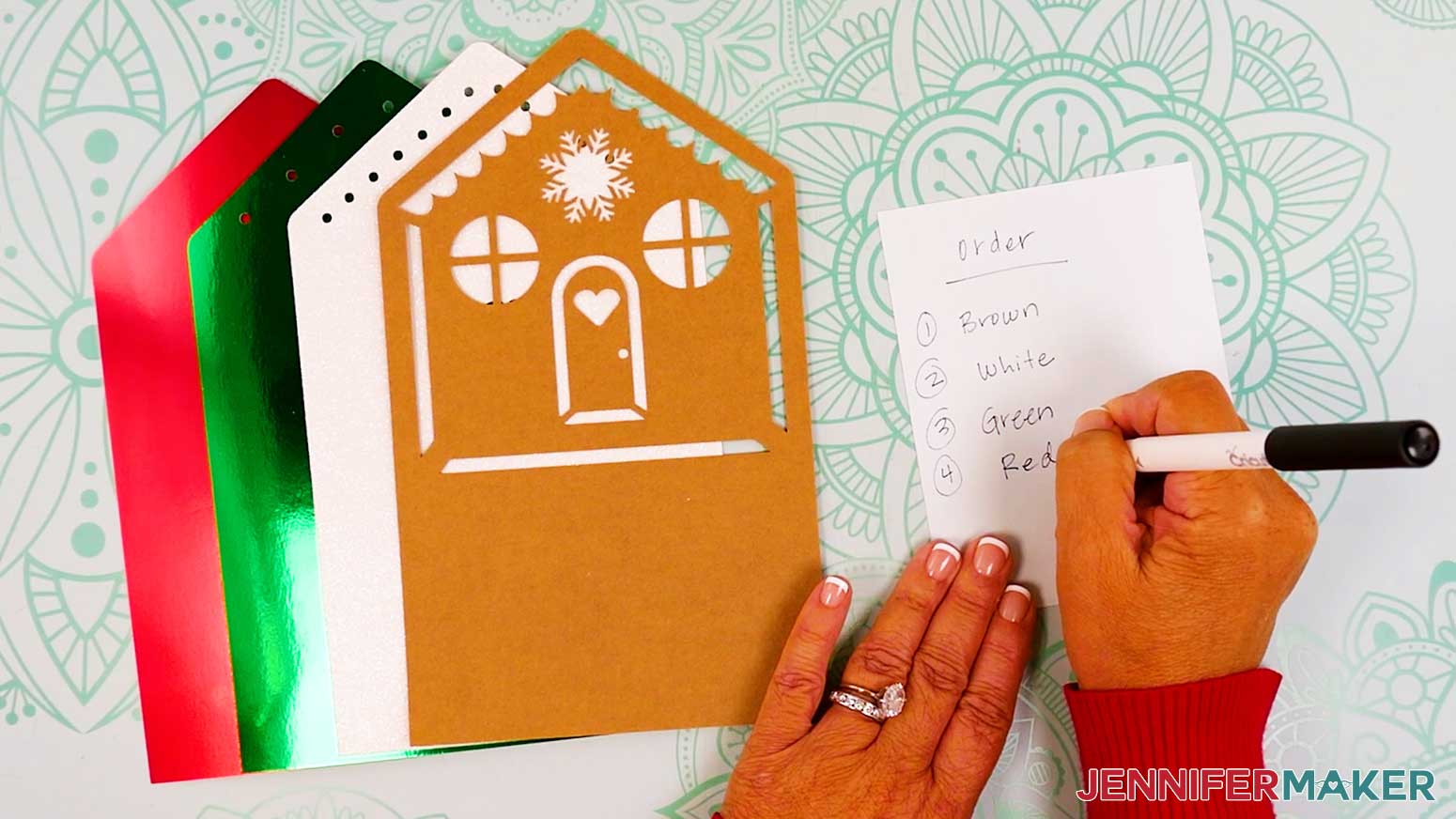 Write down your gingerbread card layer colors from top to bottom: brown, white, green, red.