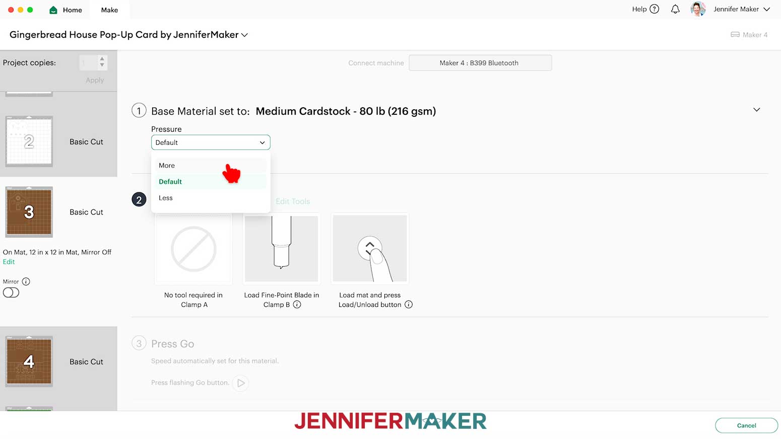 The Medium Cardstock material setting in Cricut Design Space with the pointer selecting More Pressure.
