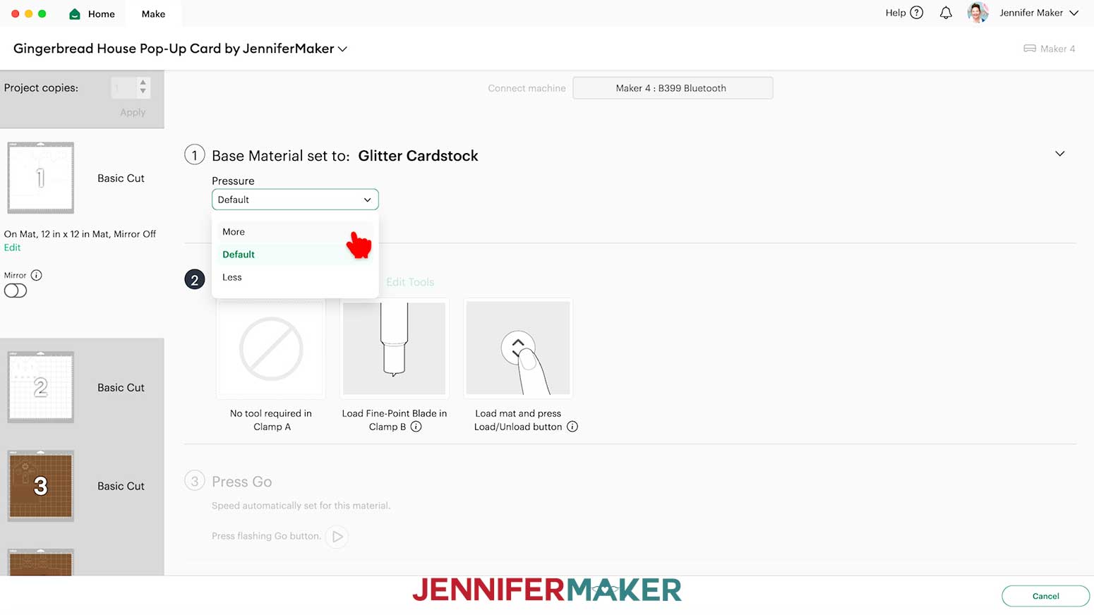 The Glitter Cardstock material setting in Cricut Design Space with the pointer selecting More Pressure.