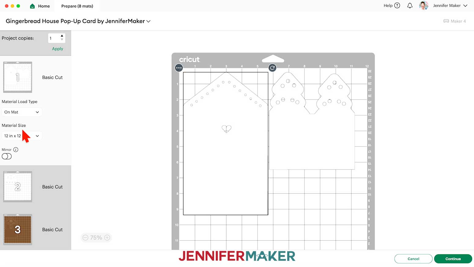 The Prepare screen in Cricut Design Space, showing the first white mat for the gingerbread house pop-up card.