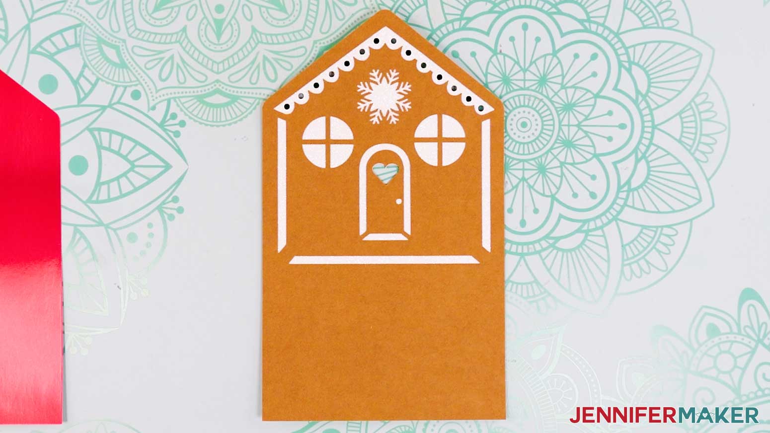 Adhere layer three for the gingerbread house card's house tier.