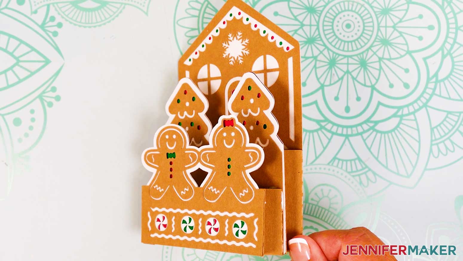 The finished Joy-sized gingerbread house pop-up card.