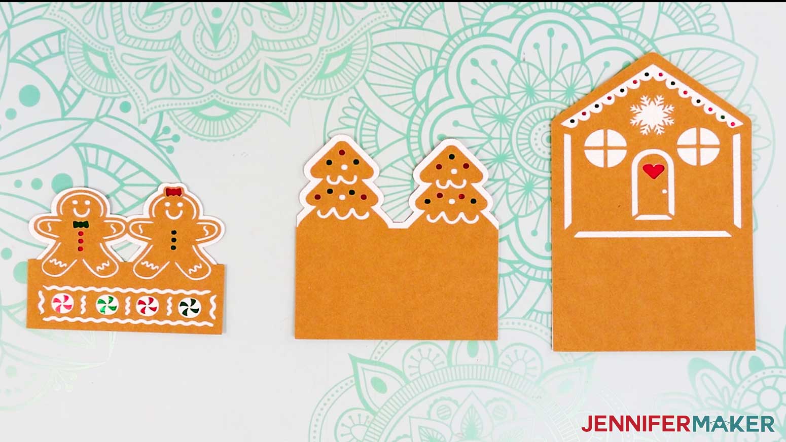 The three tiers for the Joy-sized gingerbread house pop-up card assembled on the work surface.