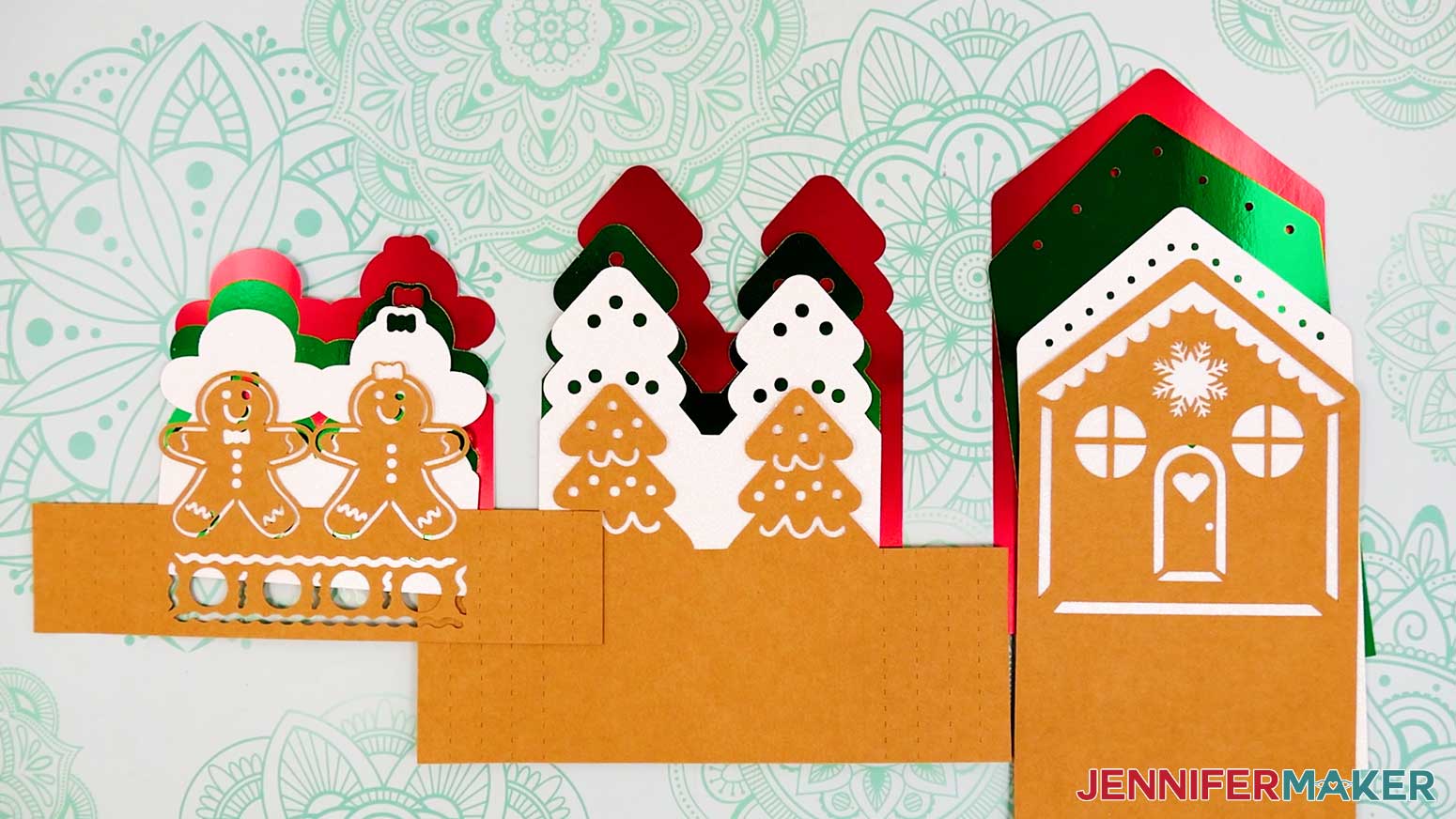 The three tiers of the Gingerbread Pop-up card are cut, the pieces are organized in order and are ready to assemble.