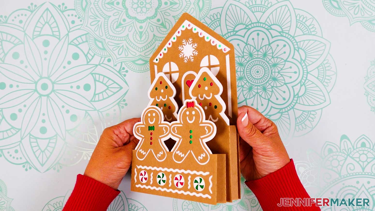 Gingerbread house pop-up card is ready with all tiers assembled.